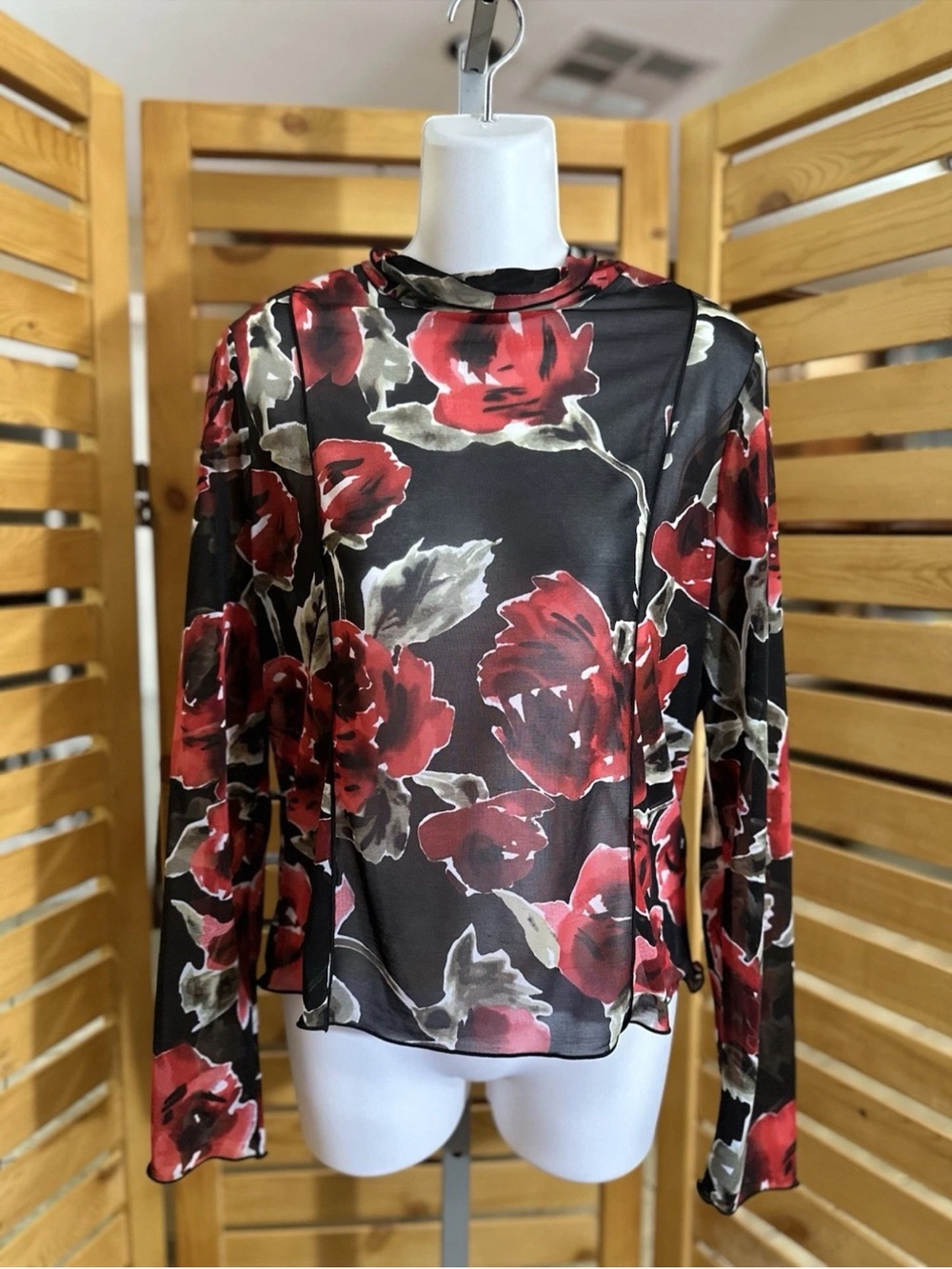 Bar III Black Long-Sleeve Floral Mesh Tee with Red Roses